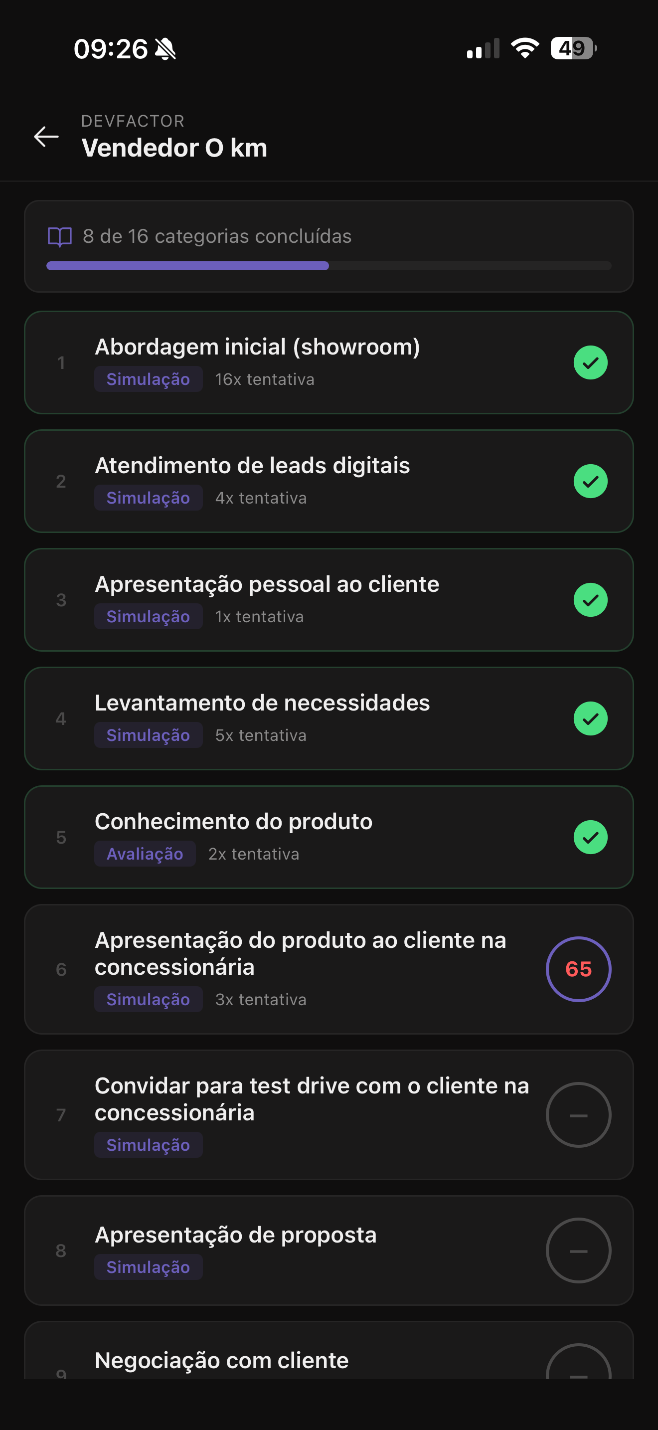 Tela do app PitchYn com trilha Vendedor 0 km e categorias concluídas