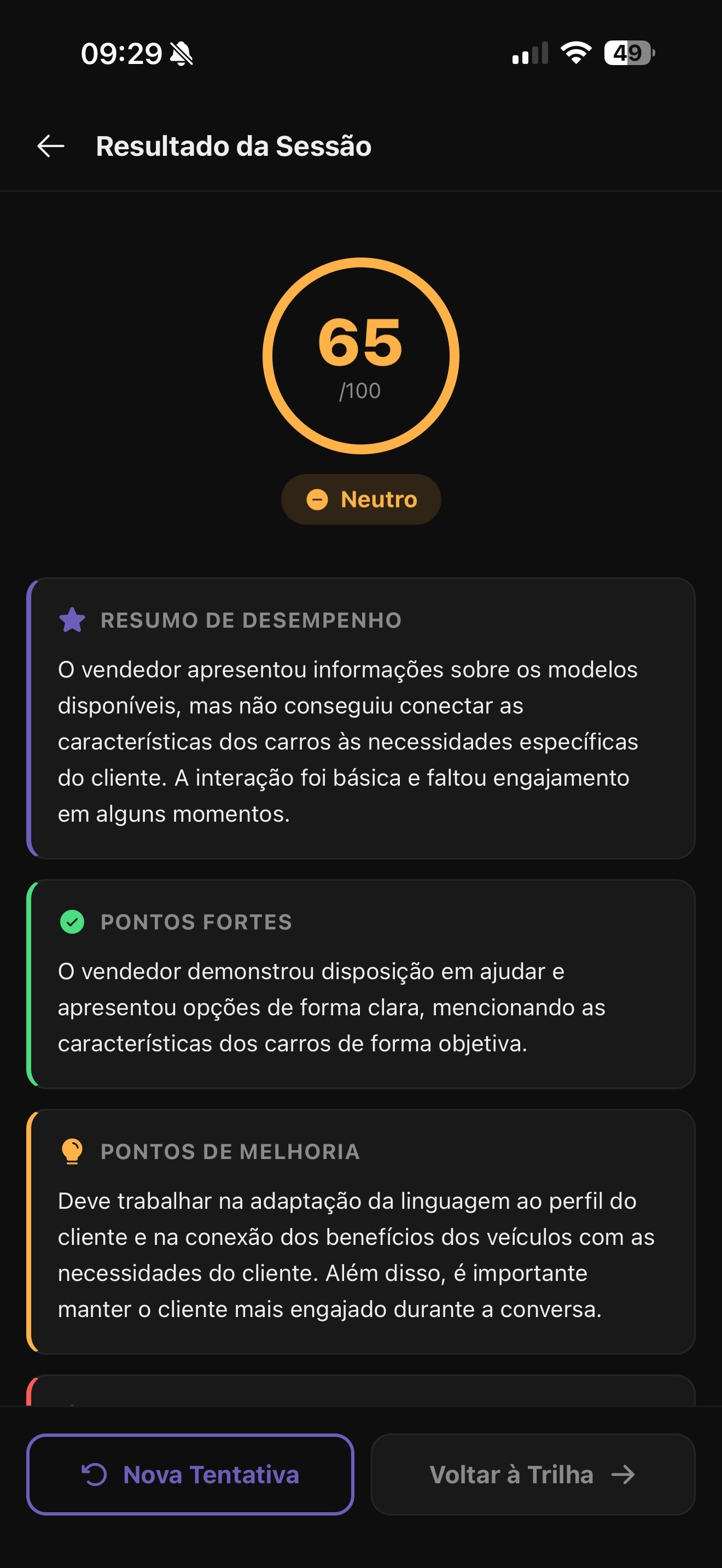 Tela do app PitchYn com resultado de sessão e nota de desempenho
