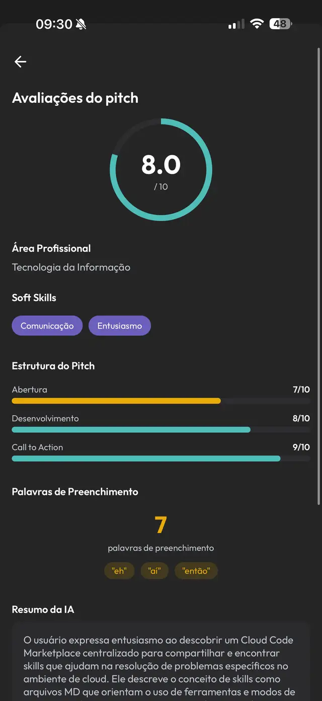 Tela real do app PitchYn com avaliação de pitch por IA
